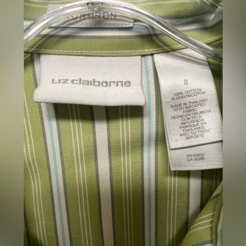 LIZ CLAIBORNE NON-IRON GREEN/WHITE STRIPE LONG SLEEVE BLOUSE. SIZE 8 NWOT - Picture 3 of 9